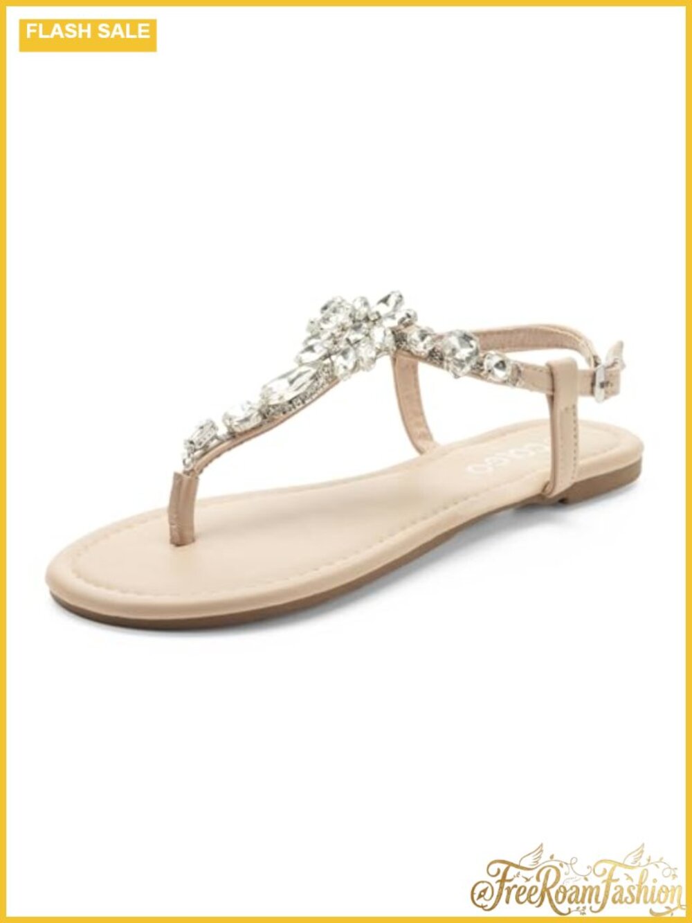 Women's Rhinestone T-Strap Flat Sandals PU Leather Cushioned Wedding Beach Shoes